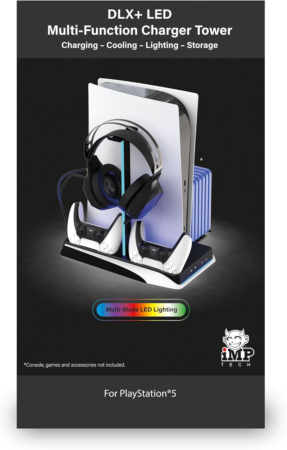 Imp Gaming DLX LED Twin Charging Tower Inc Cooling Fans & Game Storage Stand PS5