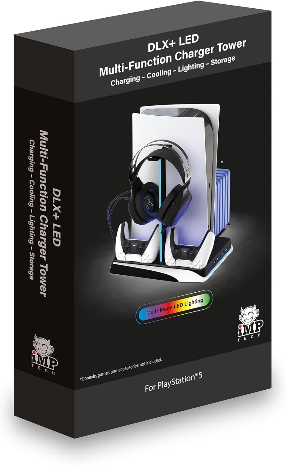 Imp Gaming DLX LED Twin Charging Tower Inc Cooling Fans & Game Storage Stand PS5